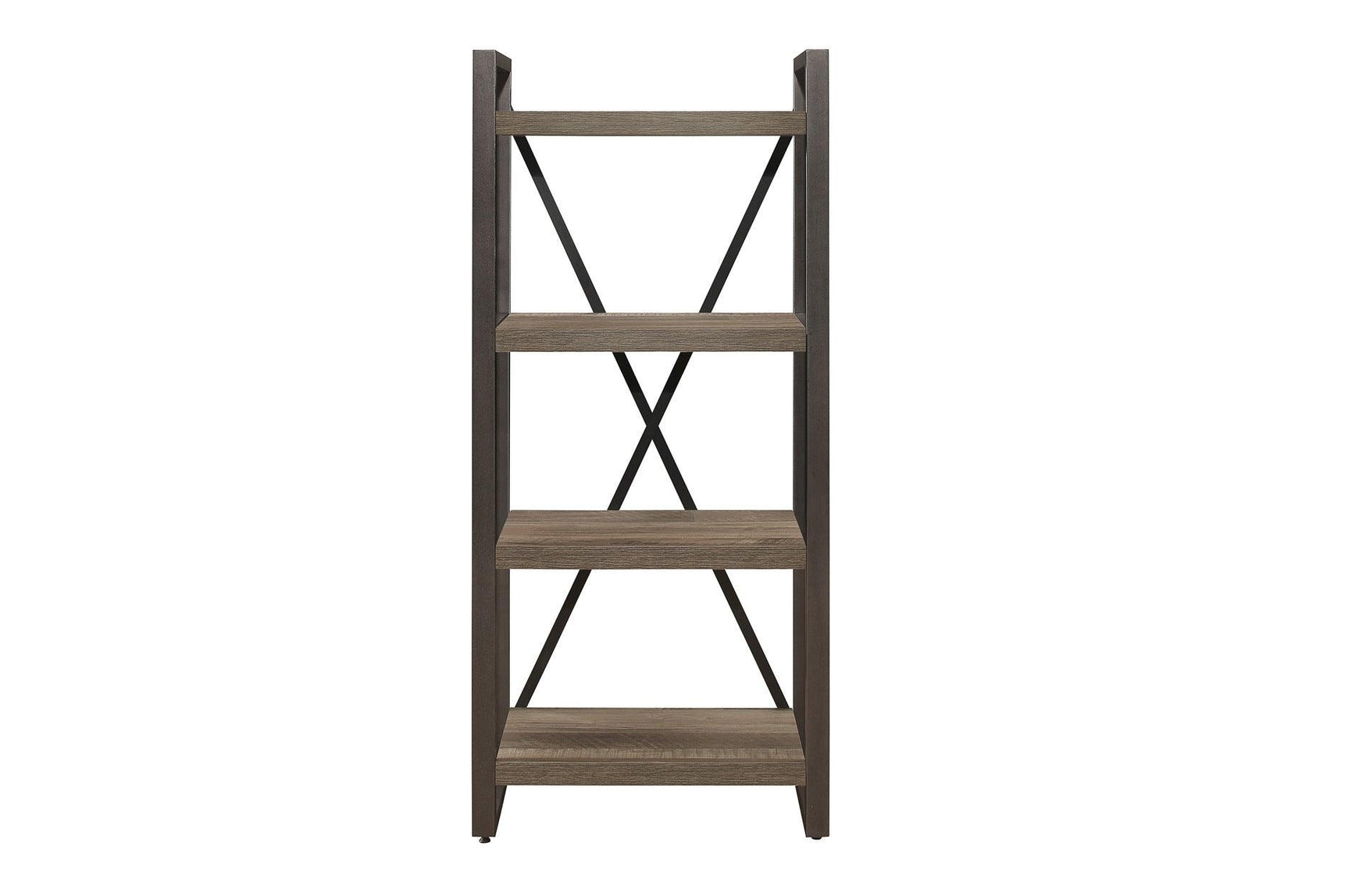Side view of Dogue brown 4-shelf bookcase showing metal framing