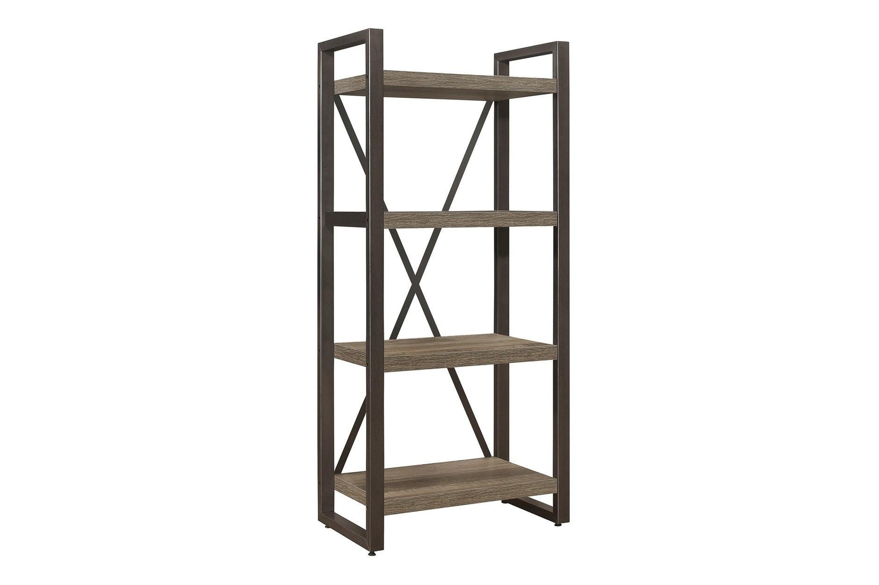 Open bookcase shelves with optional slide-in cabinet and baskets