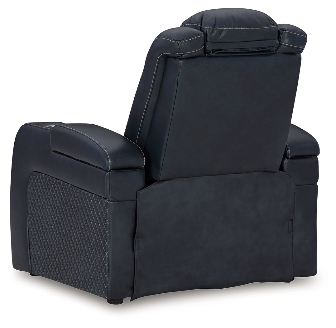 Fyne-Dyme Sapphire power reclining sofa, loveseat, and recliner set in sapphire blue upholstery