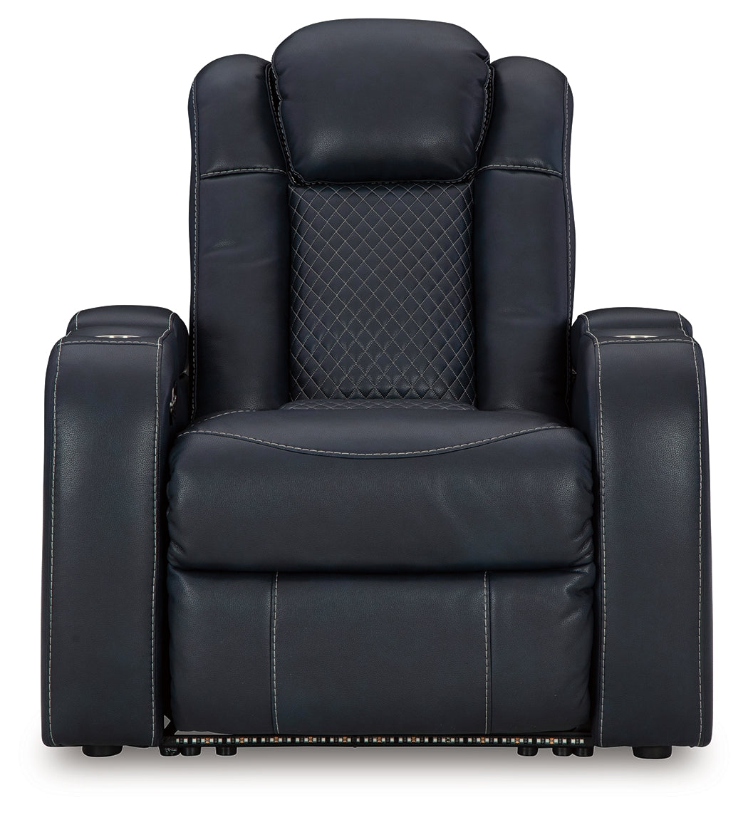 Fyne-Dyme Sapphire power reclining sofa, loveseat, and recliner set in sapphire blue upholstery