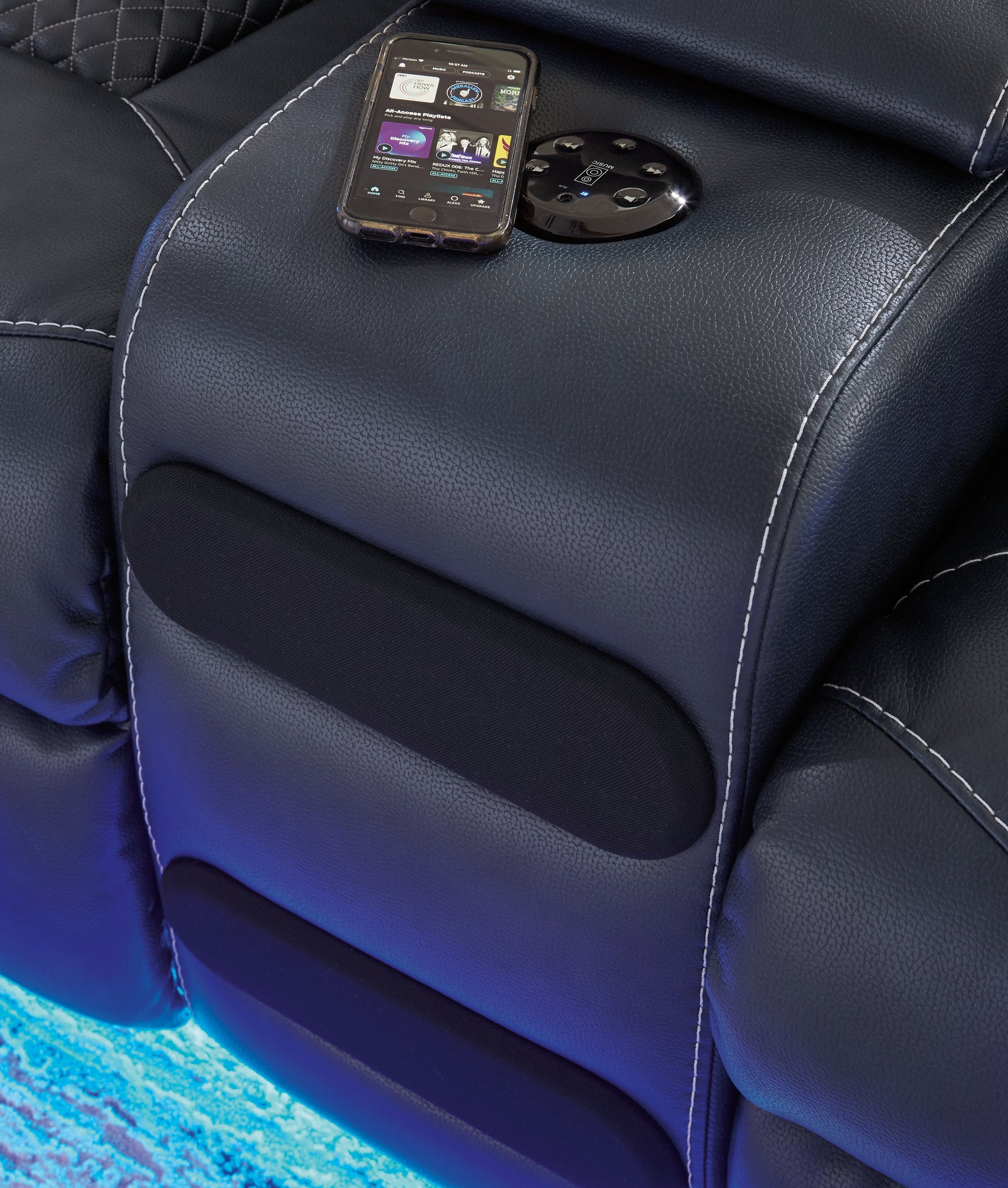 Fyne-Dyme Sapphire power reclining sofa, loveseat, and recliner set in sapphire blue upholstery