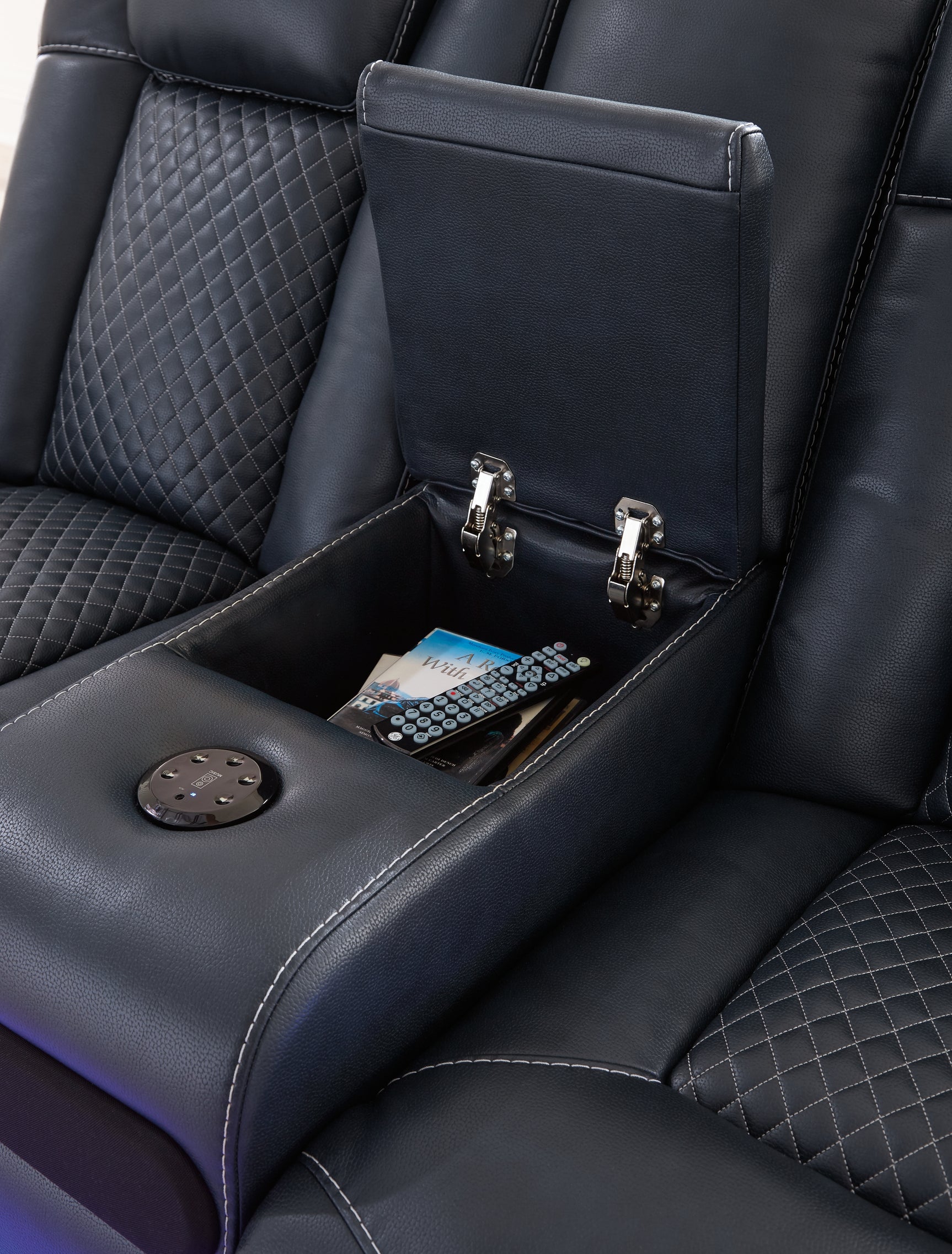 Fyne-Dyme Sapphire power reclining sofa, loveseat, and recliner set in sapphire blue upholstery