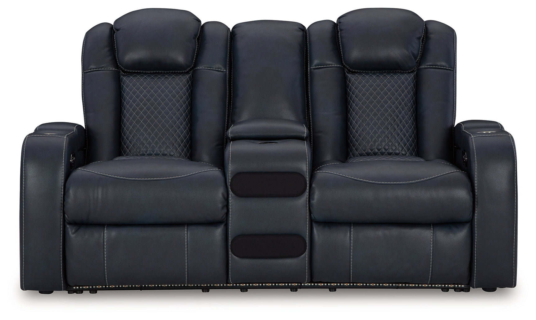 Power reclining sofa showing diamond stitching and LED lighting