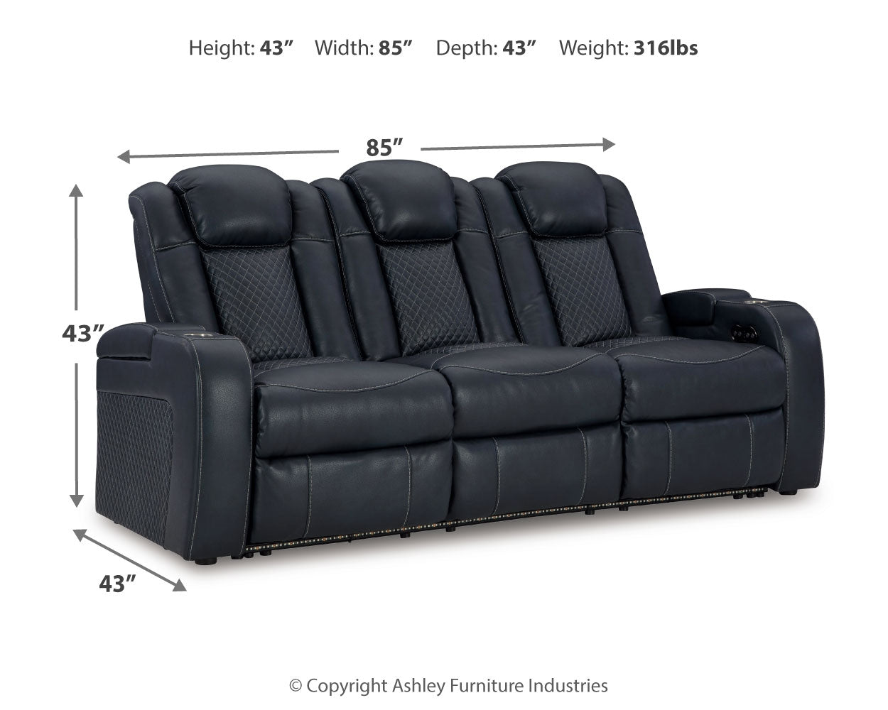 Fyne-Dyme Sapphire power reclining sofa, loveseat, and recliner set in sapphire blue upholstery