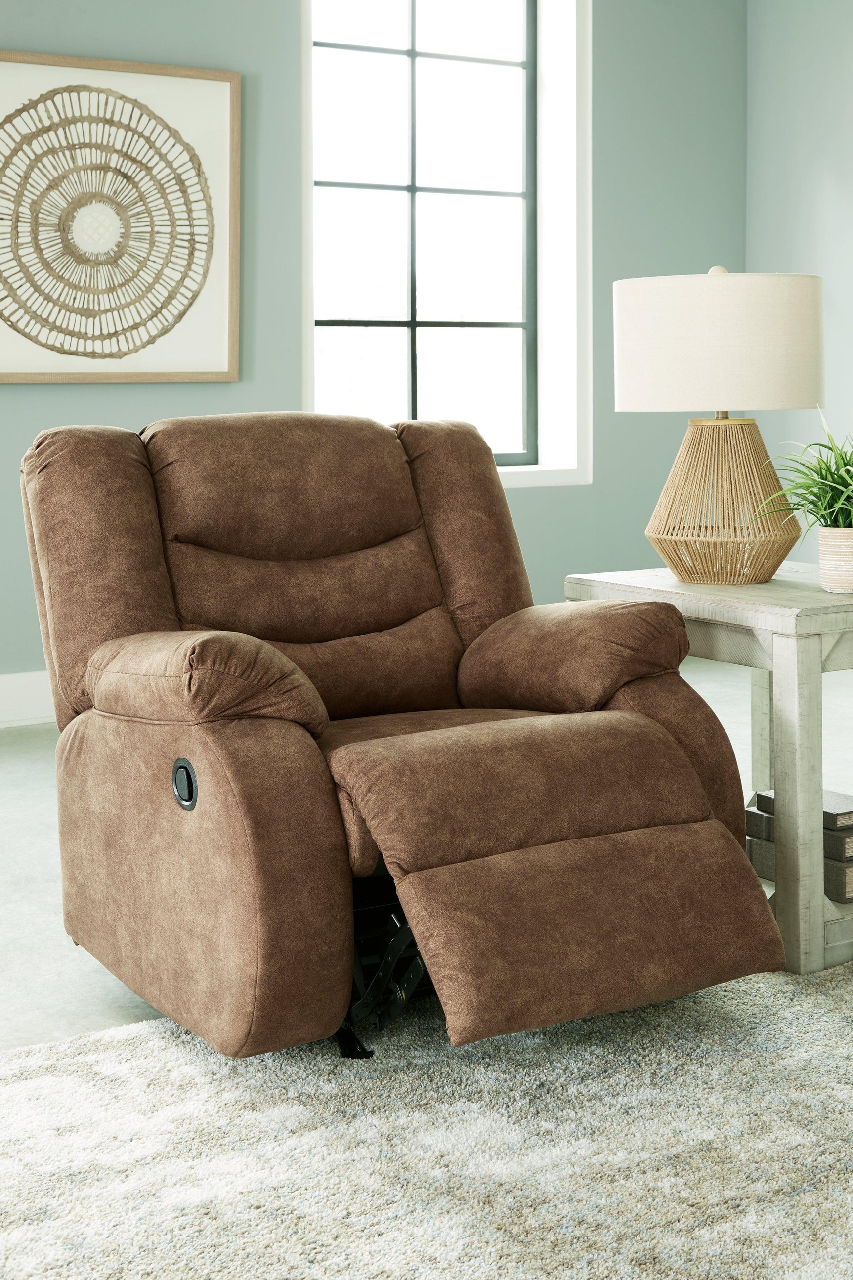 Open side view of Partymate Brindle Faux Leather Recliner