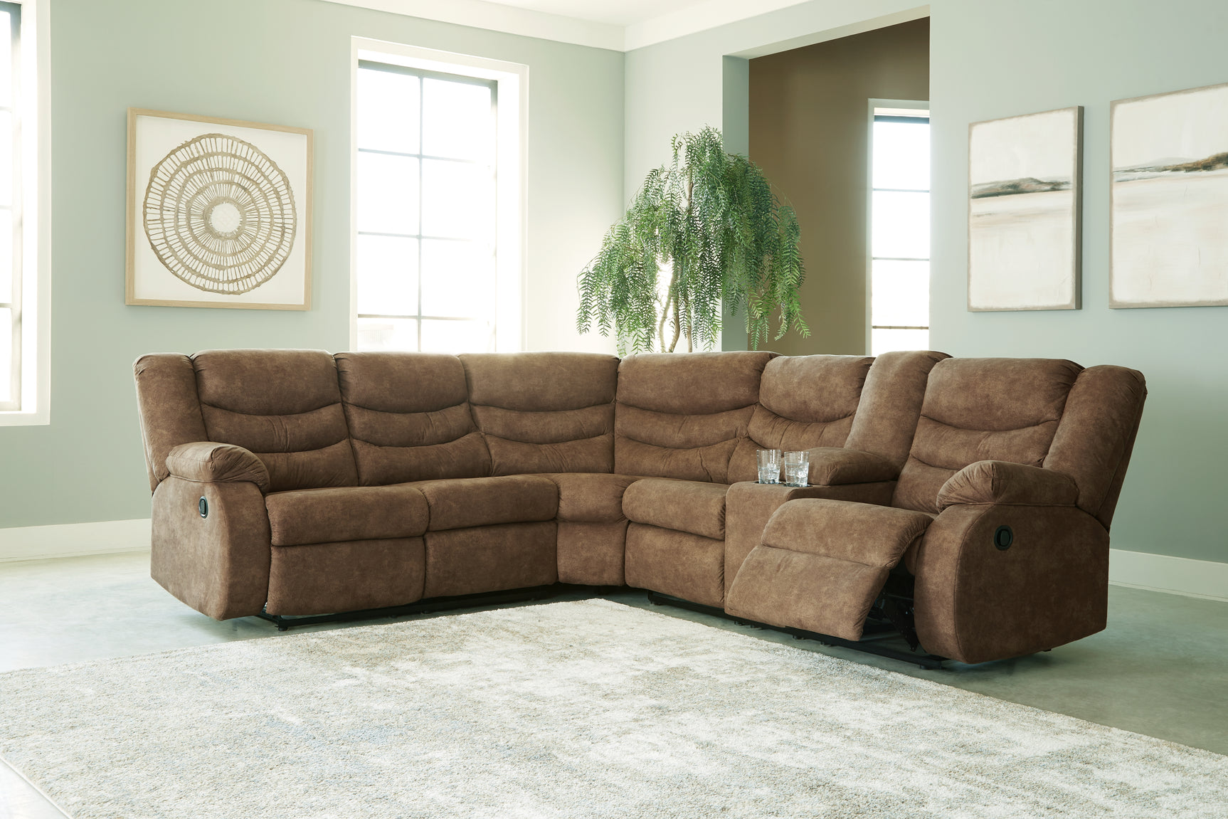 Partymate Brindle 2-Piece Sectional Sofa with Recliner in warm brown faux leather