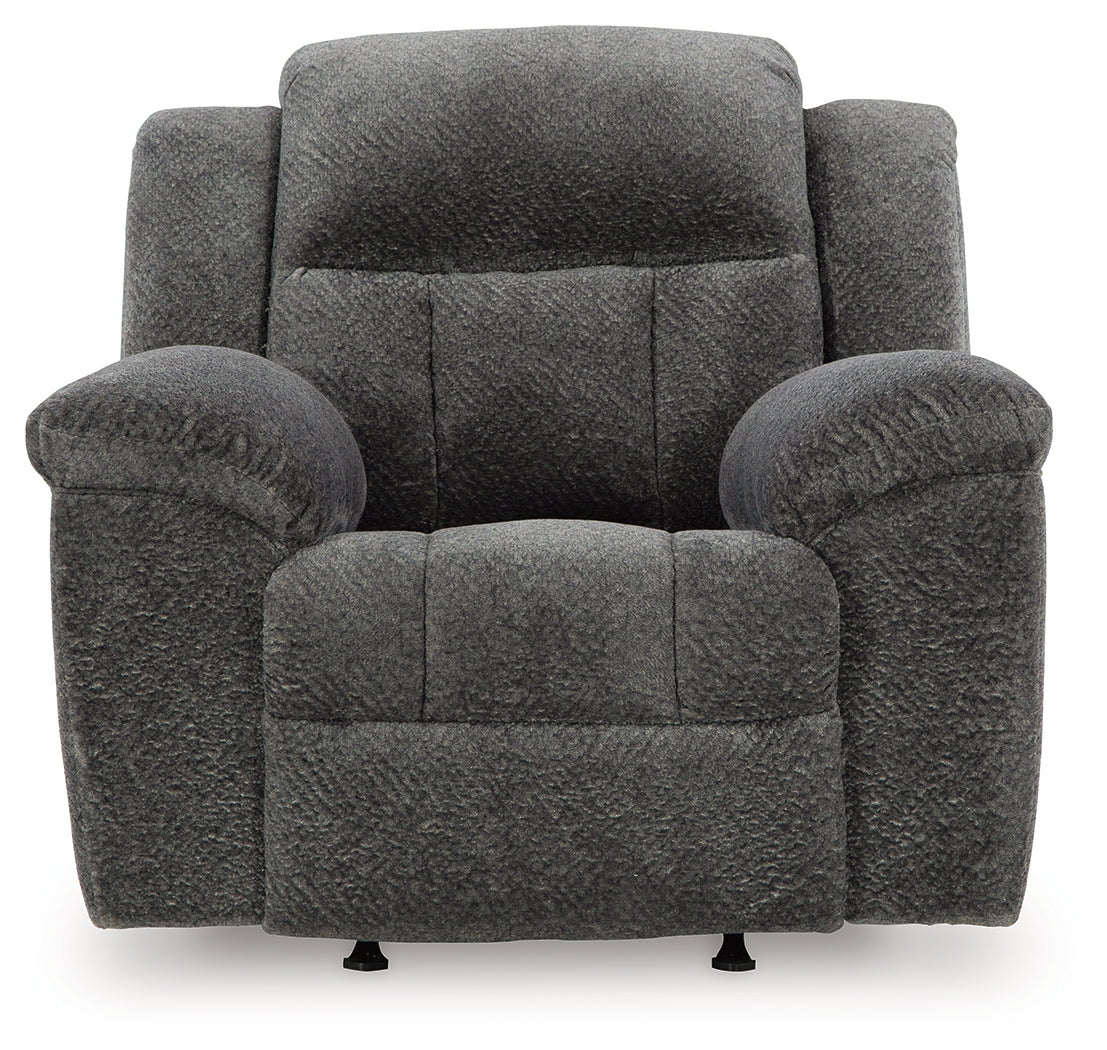 Front close-up view of Frohn Graphite Chenille Recliner chair