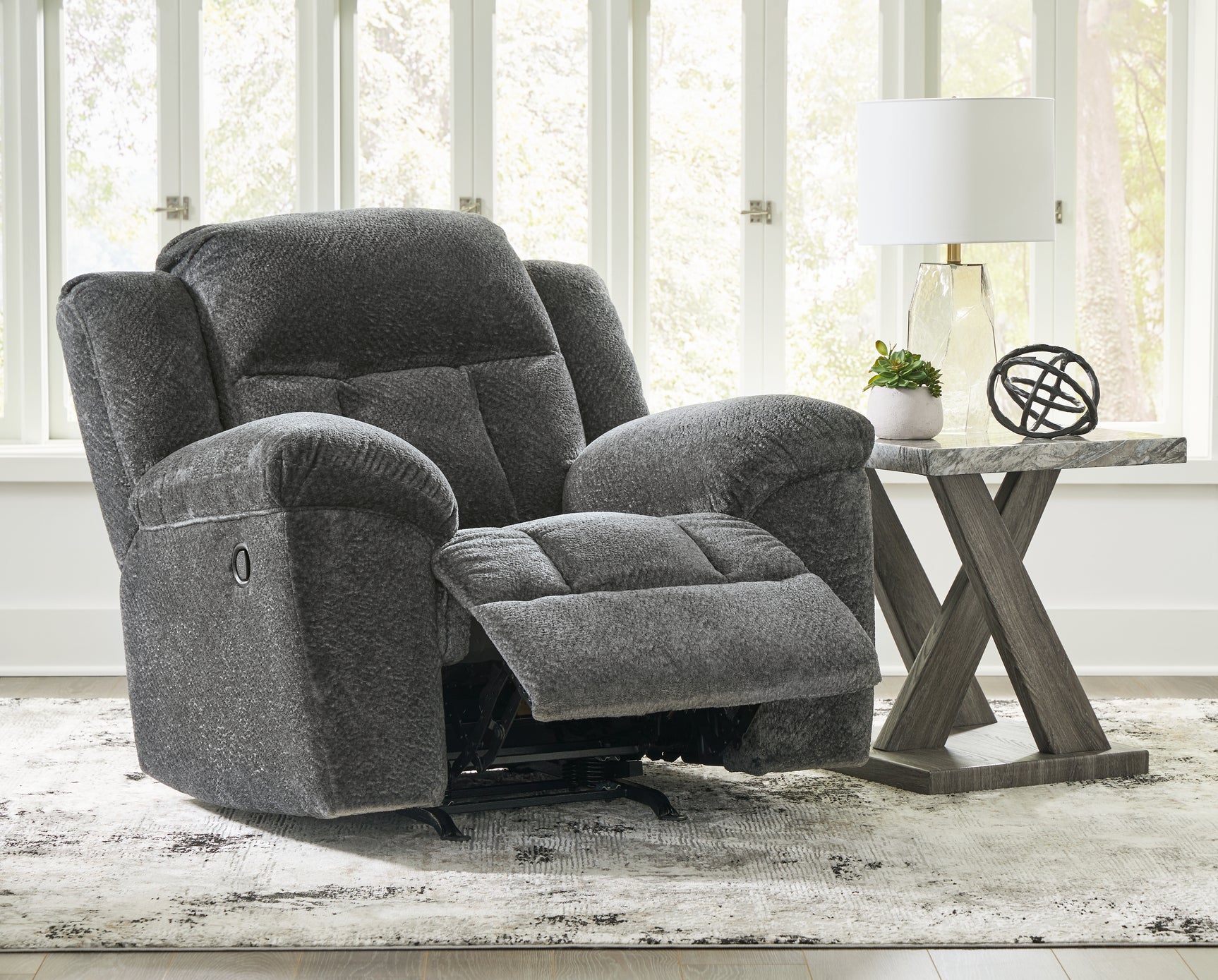 Side view with recliner open of Frohn Chenille Recliner
