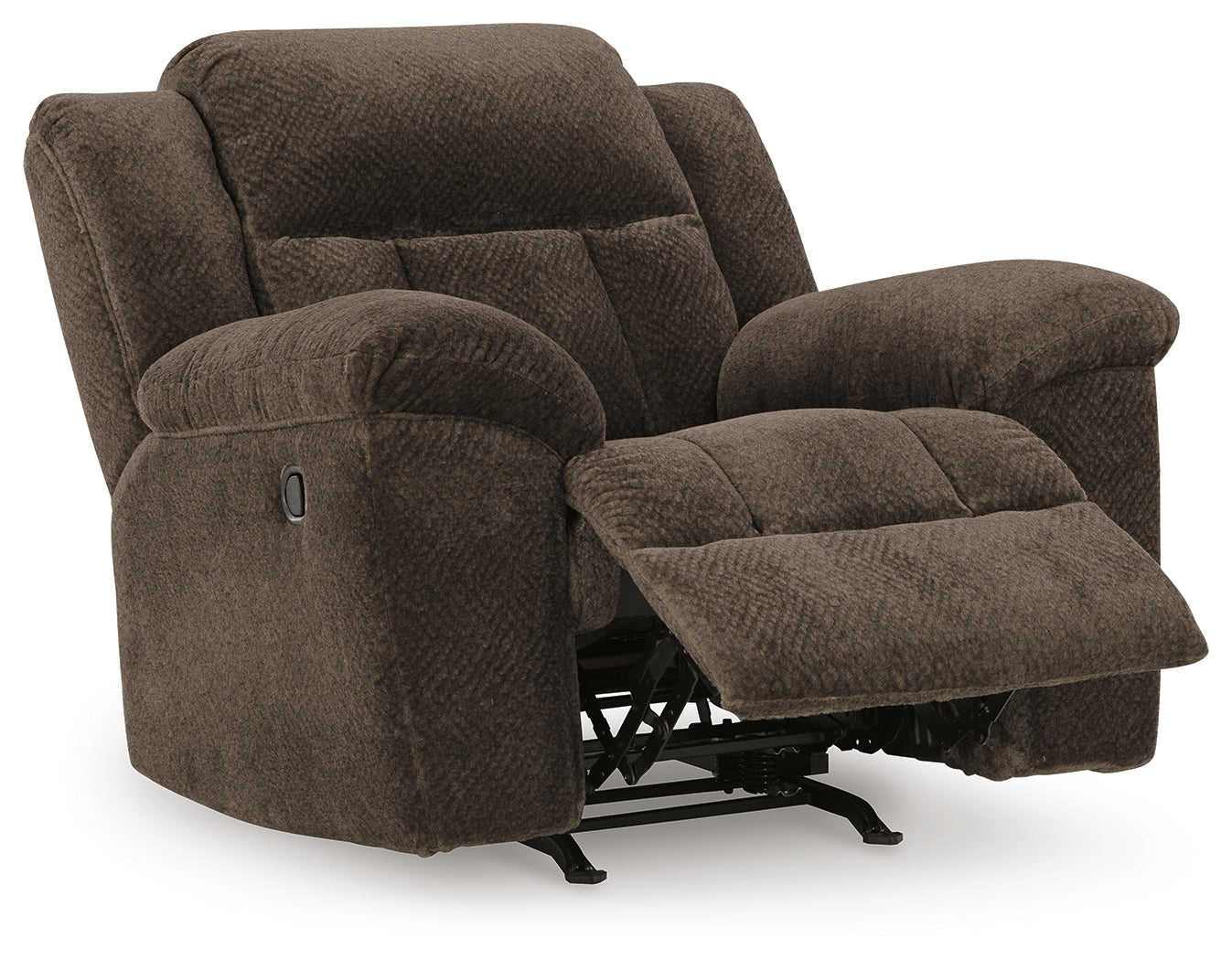 Reclined position of Frohn Chocolate Chenille Recliner Chair