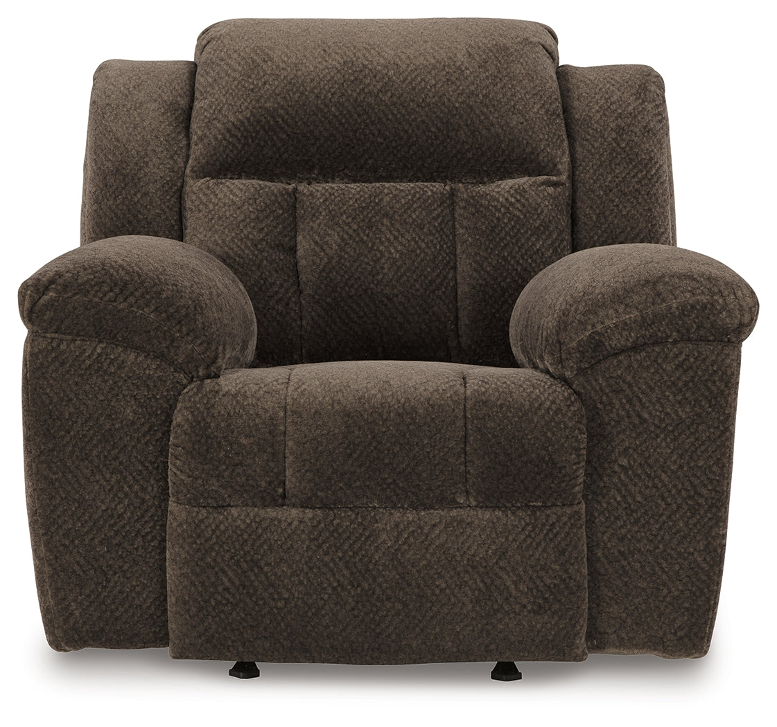 Head-on view of Frohn Chocolate Chenille Recliner Chair