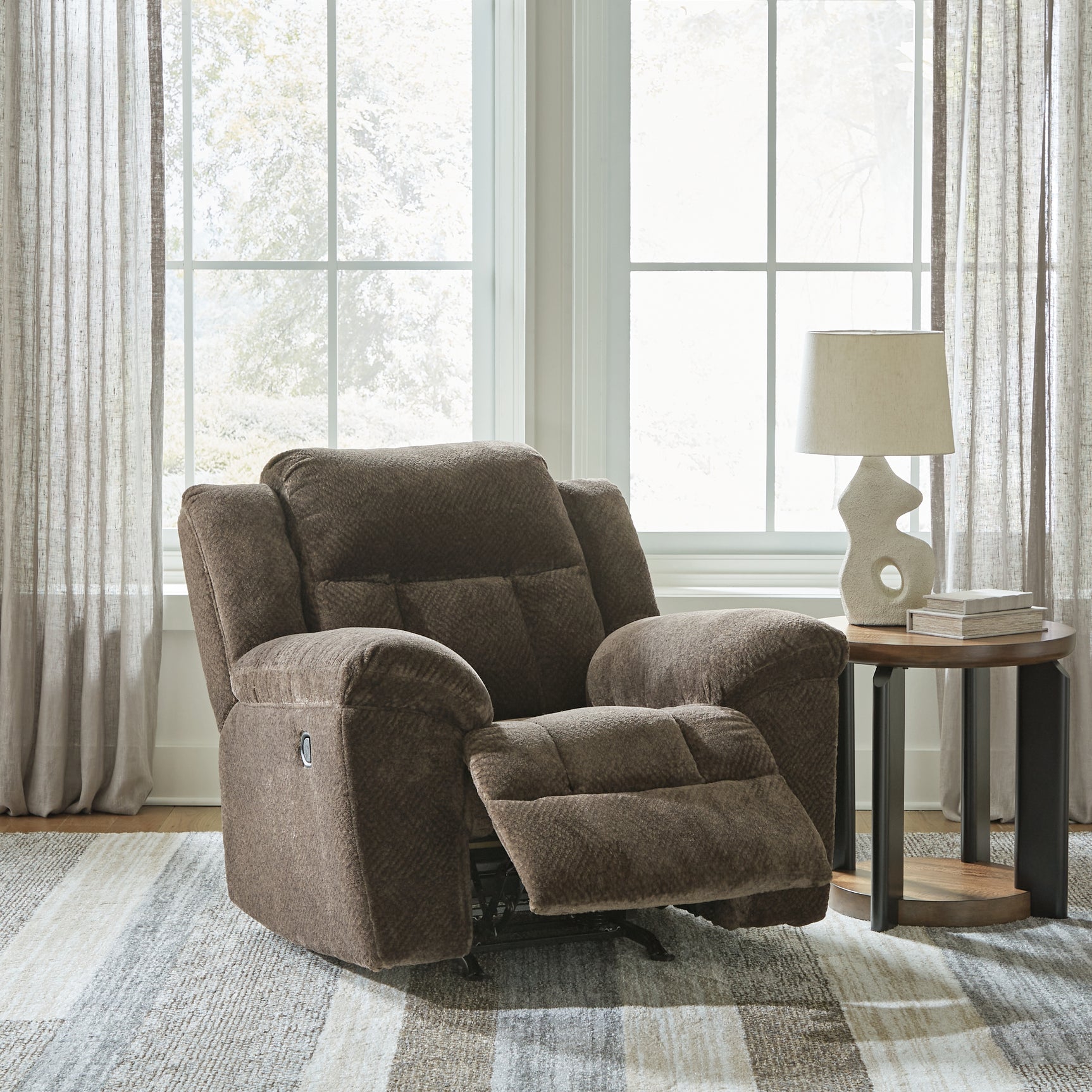 Open reclined Frohn Chocolate Chenille Recliner Chair