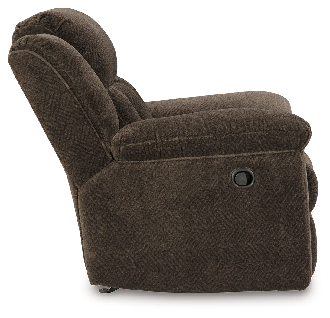 Side view of Frohn Chocolate Chenille Recliner Chair