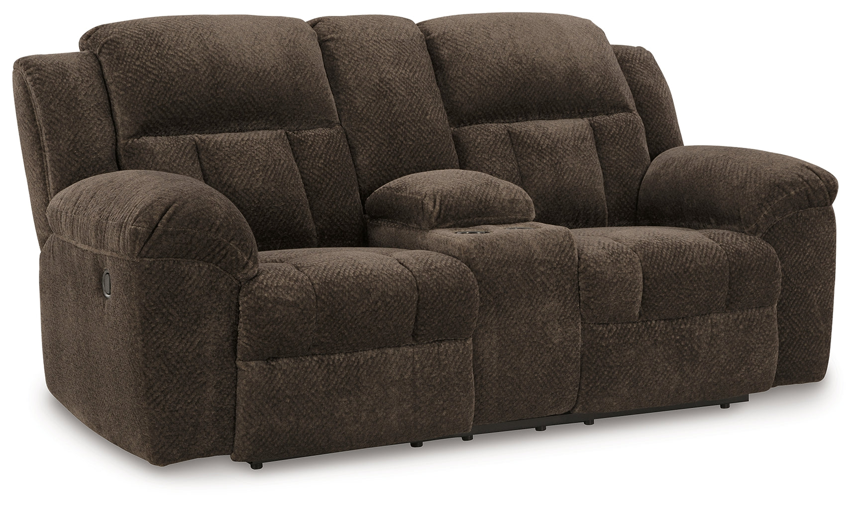 Side angle of Frohn Chocolate chenille reclining loveseat