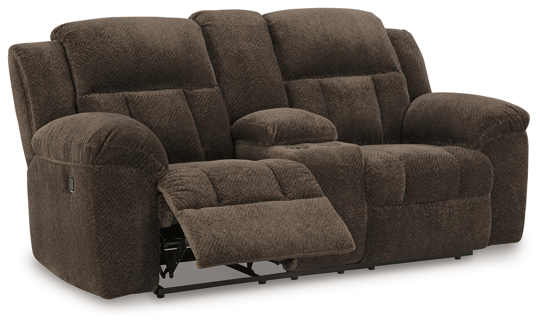 Reclined position of Frohn chocolate chenille loveseat