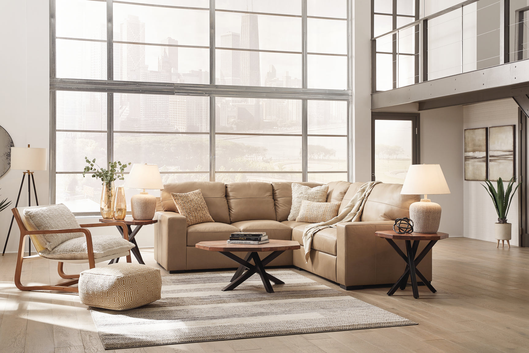 Room view showcasing Bandon Toffee Leather 2-Piece Sectional sectional sofa