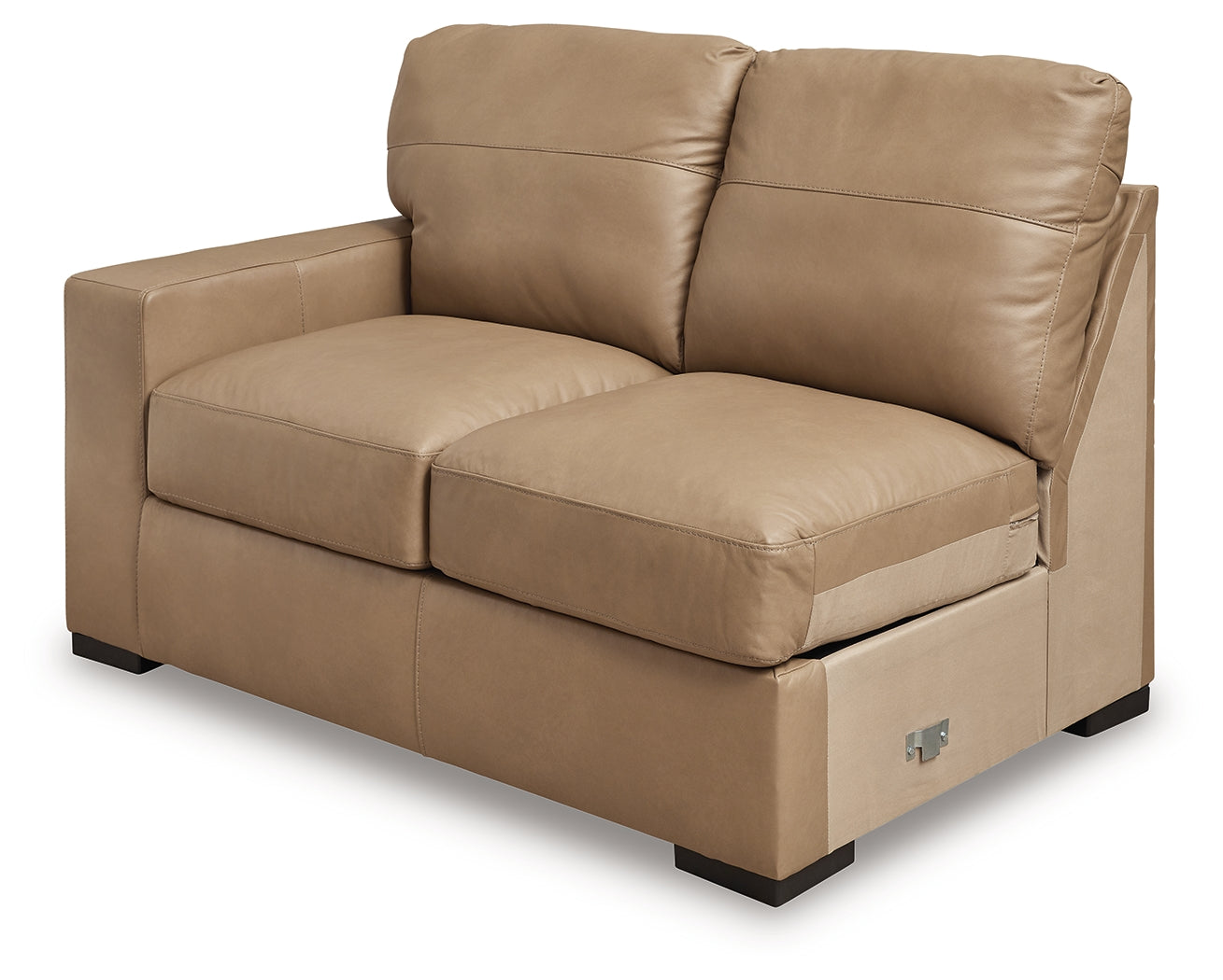 Detail of the toffee leather upholstery on Bandon sectional sofa
