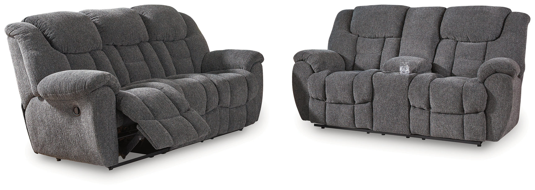 Detail of cushioned head and neck support on loveseat