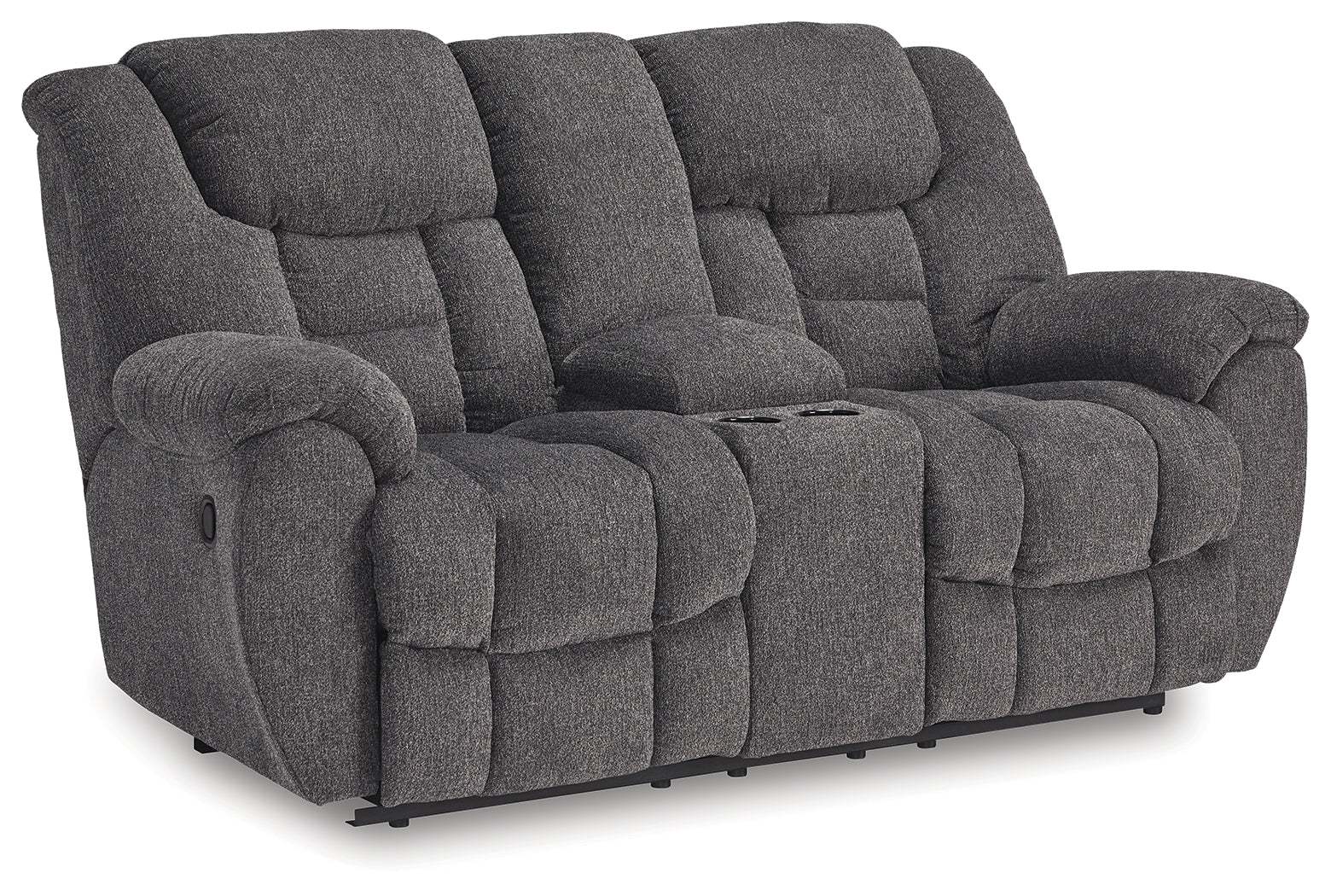 Close-up of Foreside loveseat console with cup holders and storage open