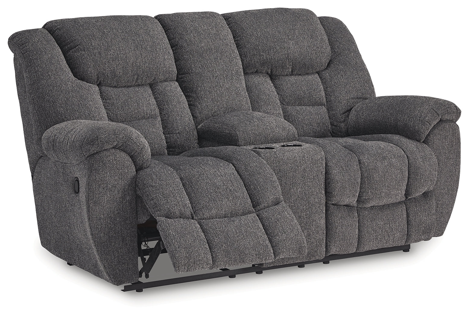 Side angle of Foreside reclining loveseat showing armrest and footrest