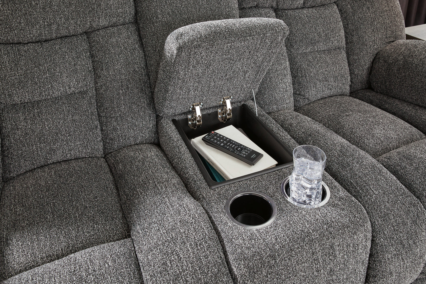 Console cup holder detail on Foreside reclining loveseat