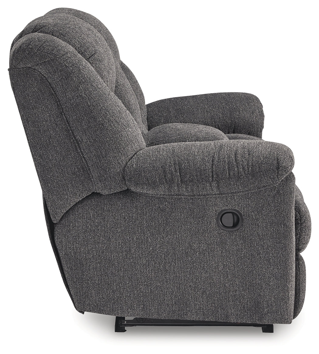 Back view of Foreside reclining loveseat in charcoal fabric