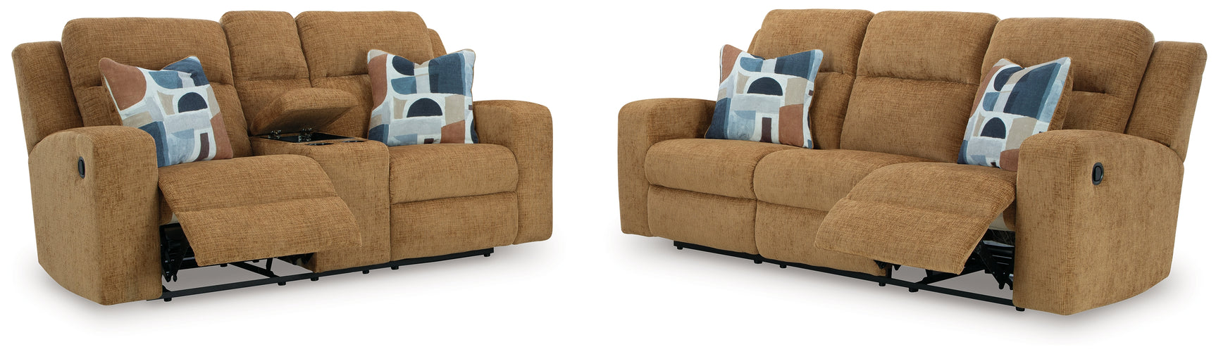 Kanlow Honey sofa and loveseat pull-tab reclining close-up