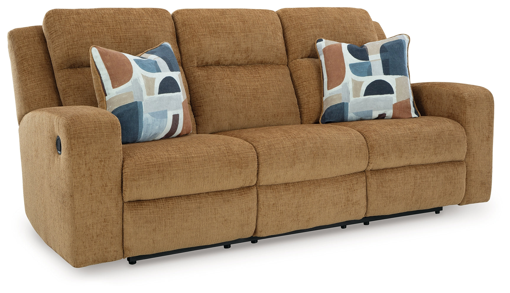 Kanlow Honey Chenille Reclining Sofa side angle with recliner open