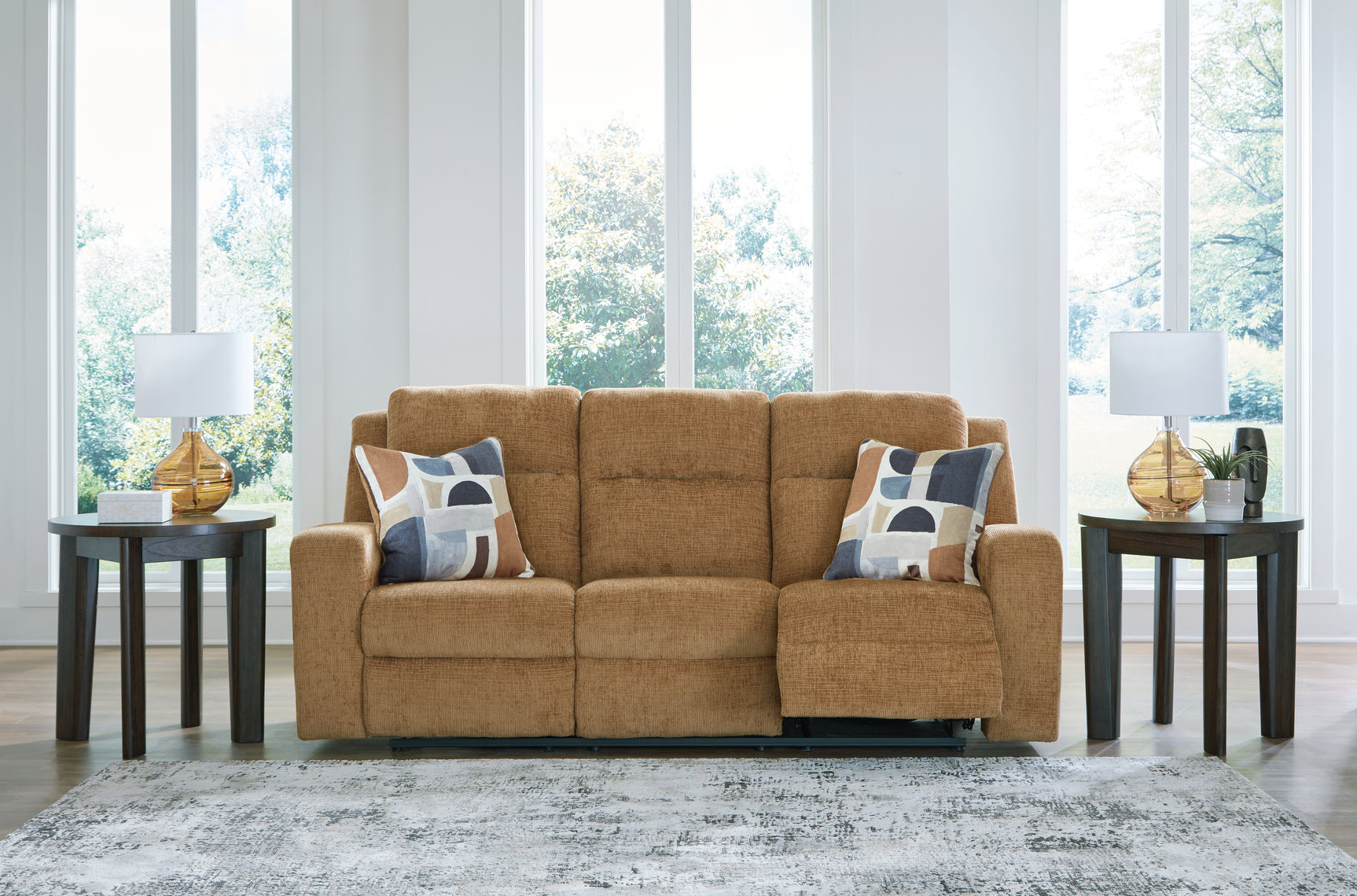 Kanlow Honey Chenille Reclining Sofa showing seat cushions and pillows
