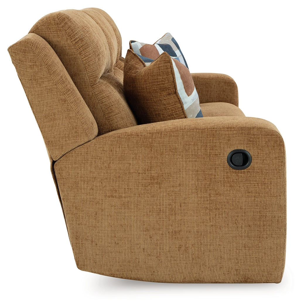 Kanlow Honey Chenille Reclining Sofa fully reclined position