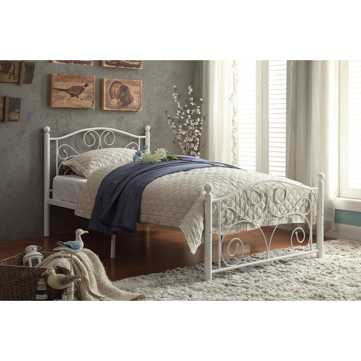 Pallina white metal twin platform bed corner detail