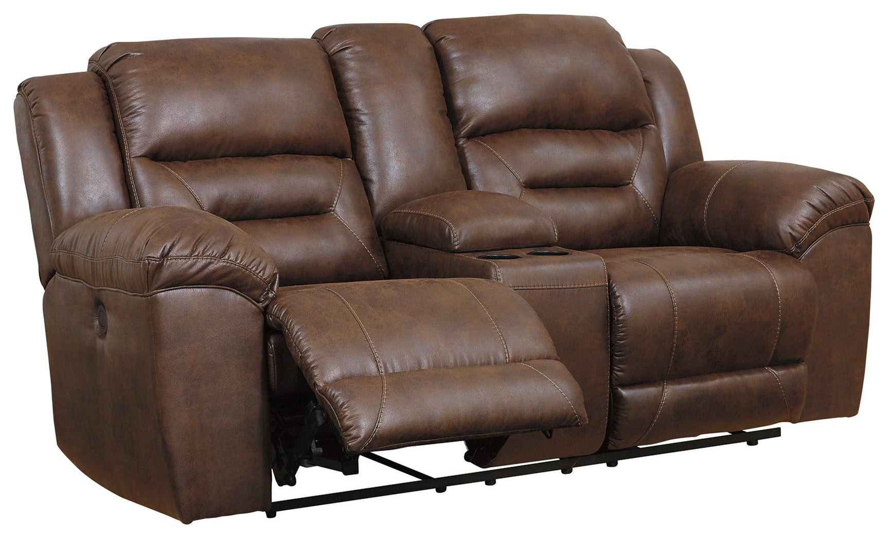 Stoneland Chocolate Faux Leather Power Reclining Loveseat with Console side angle