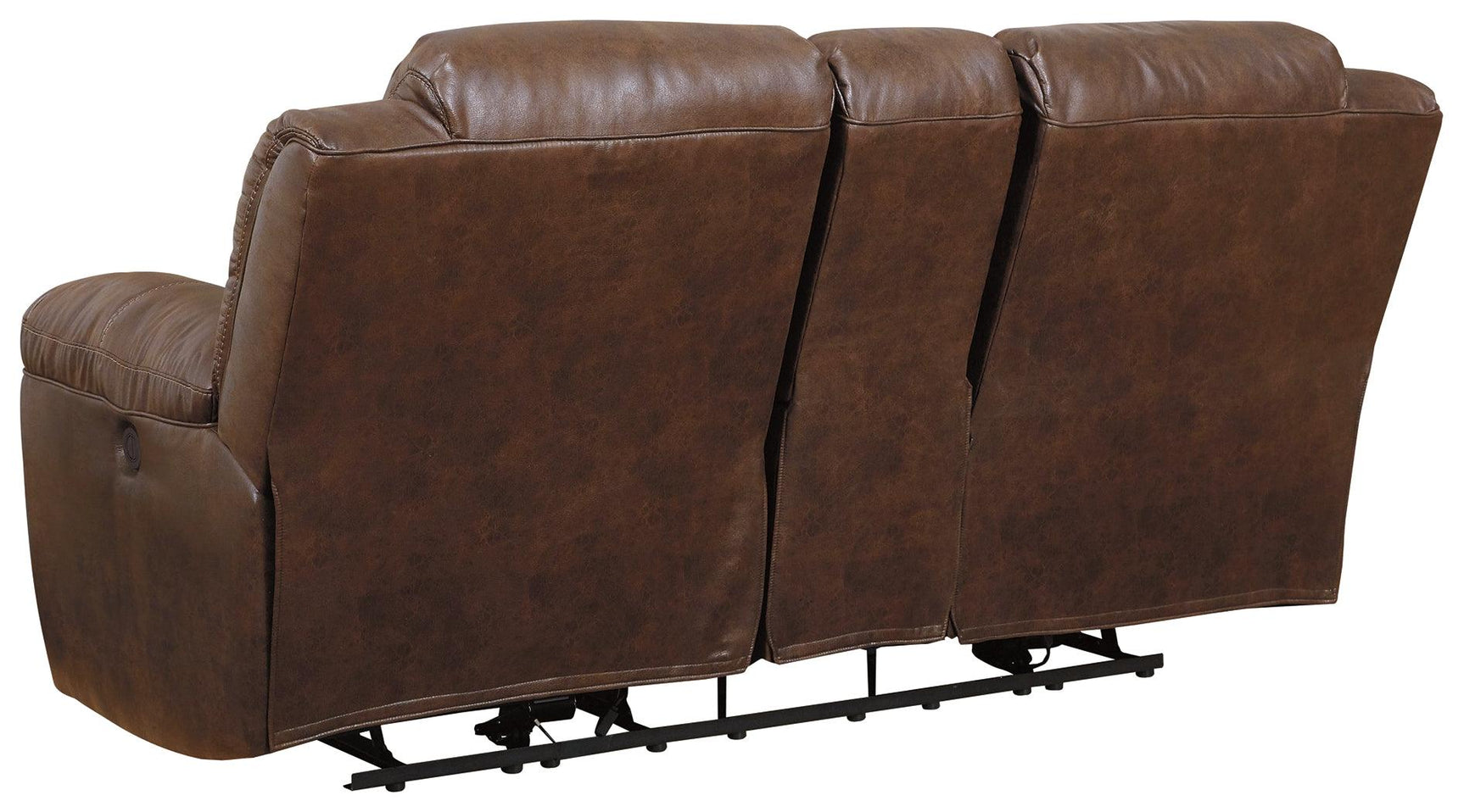 Stoneland Chocolate Faux Leather Power Reclining Loveseat with Console back angle