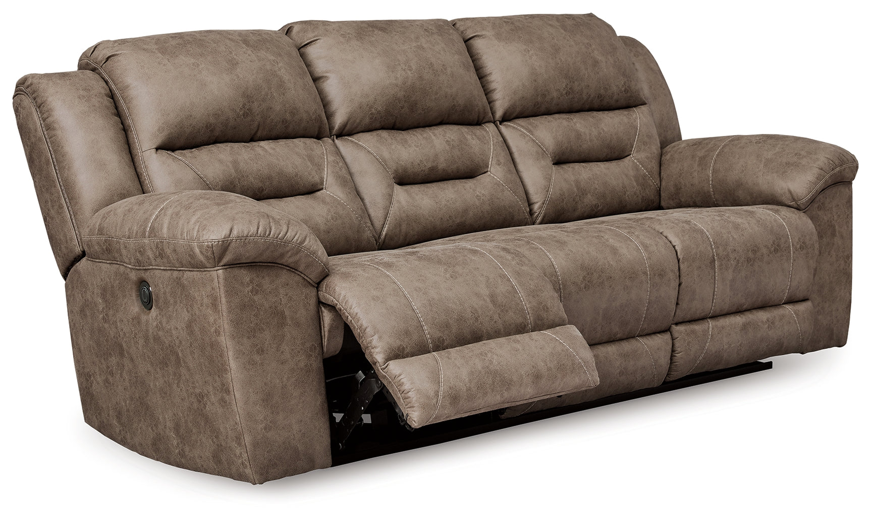 Side angle of Fossil reclining loveseat showing armrest