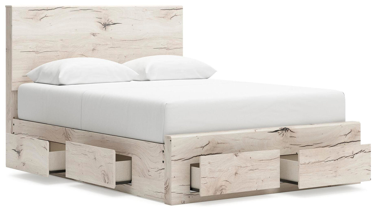 Lawroy Light Natural Queen Panel Storage Bed — angled view