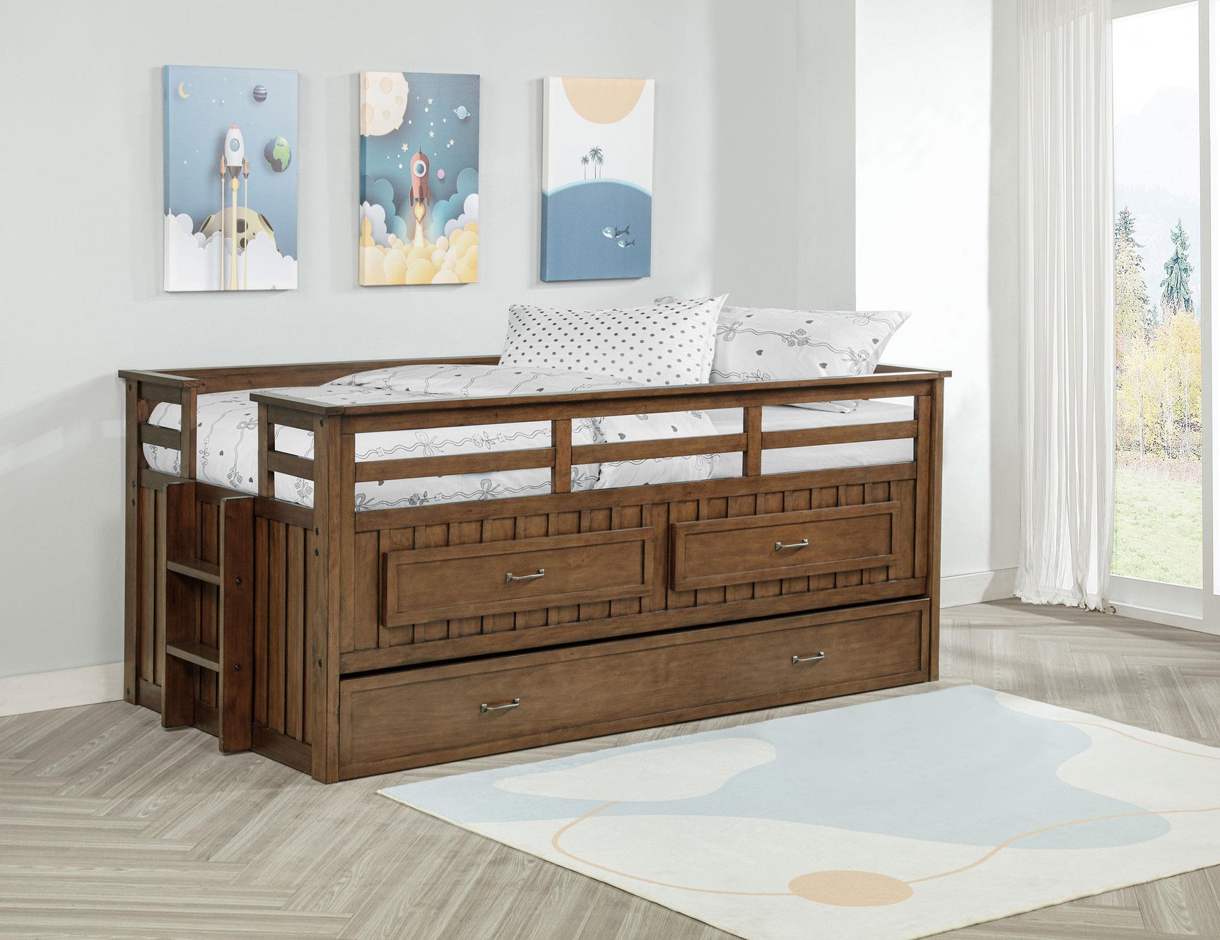 Bed trundle pulled out showing extra sleeping space