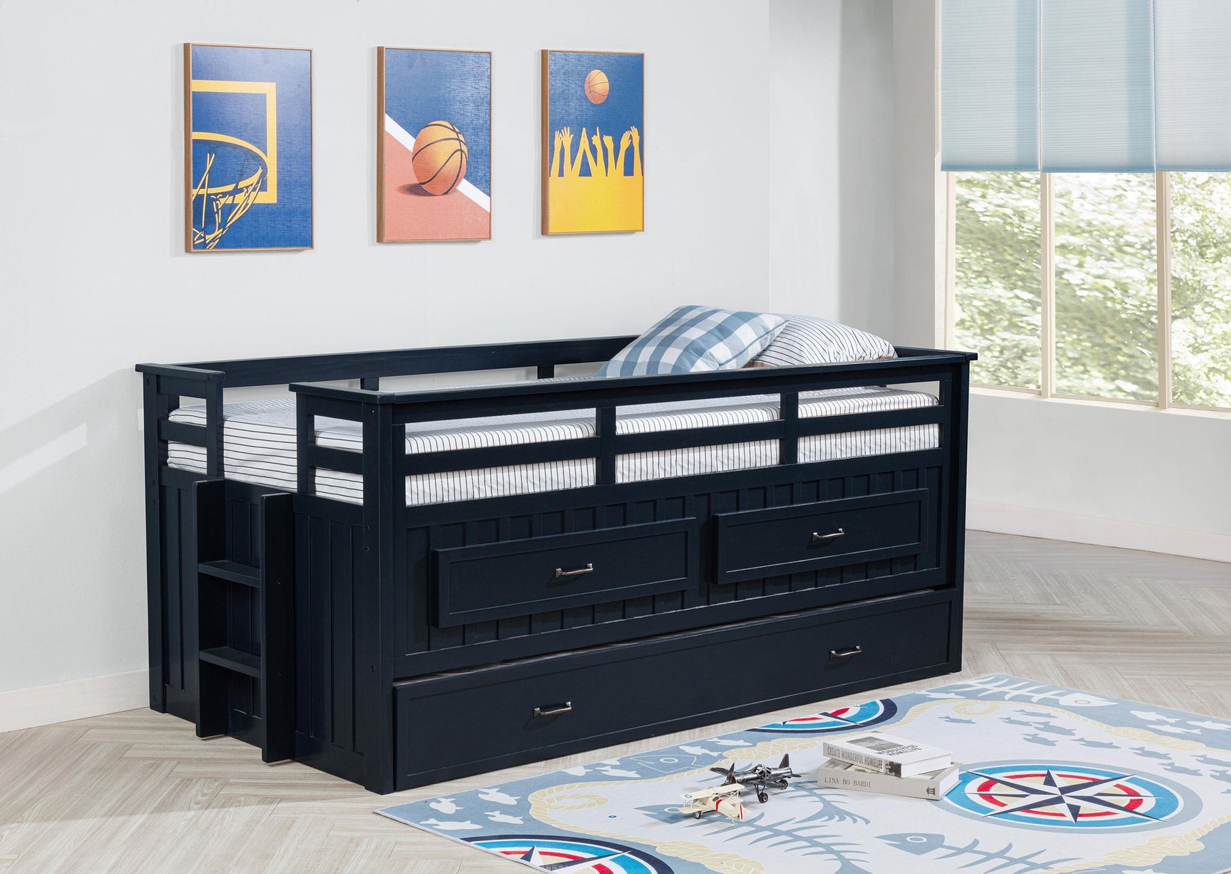 Close-up of navy blue wood captain's bed ladder