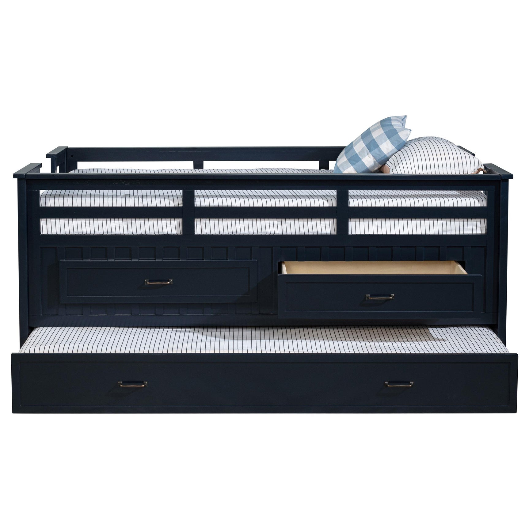 Headboard and footboard navy blue finish detail