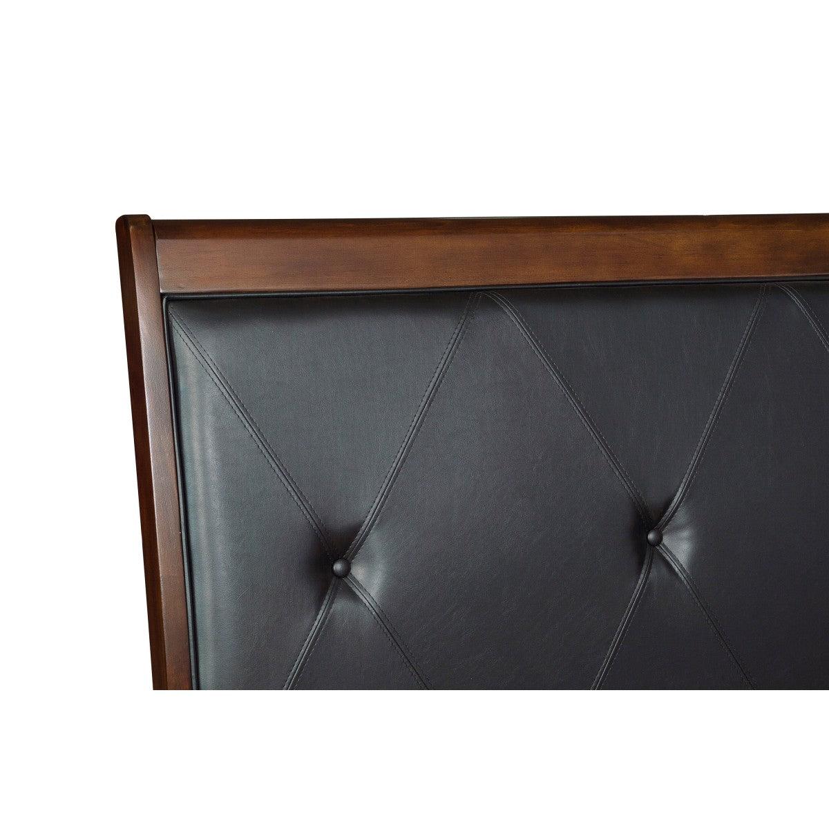 Cotterill queen bed close-up of black button-tufted faux leather headboard