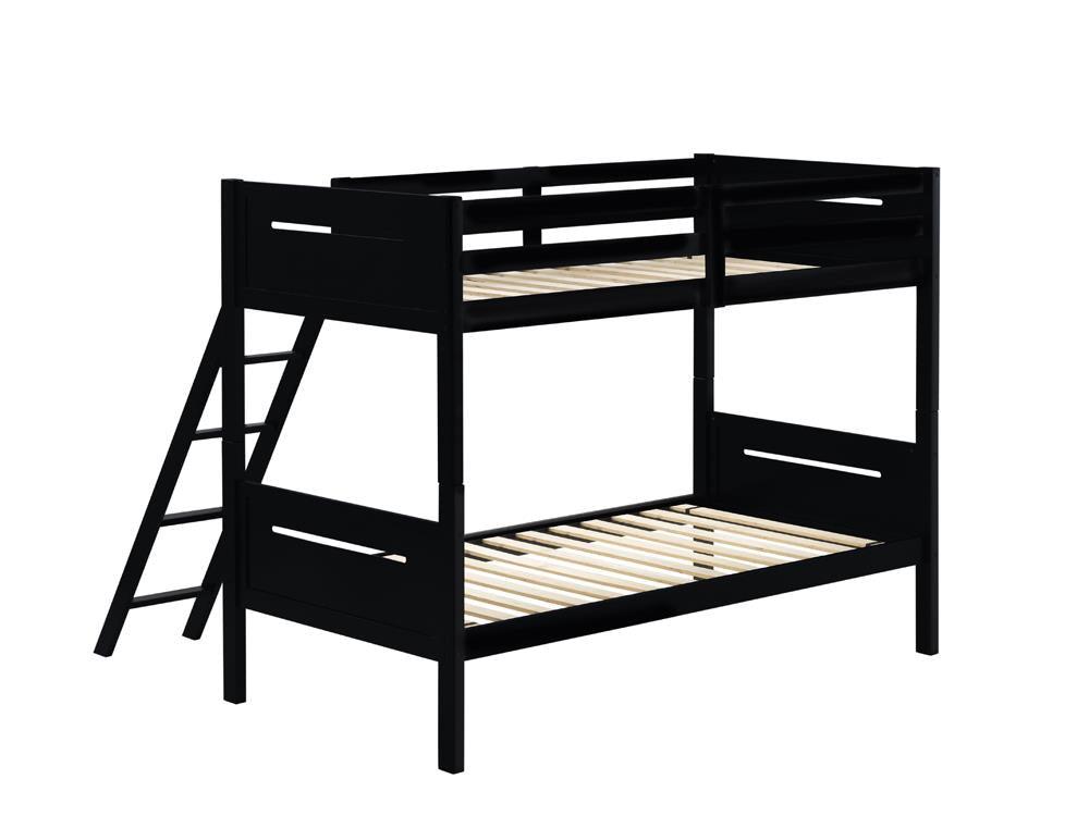 Top bunk of Littleton black twin/twin bunk bed with guardrail
