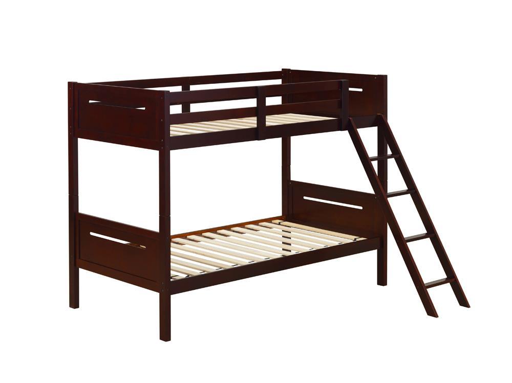 Littleton Twin Over Twin Bunk Bed Espresso - close-up of ladder and guardrails