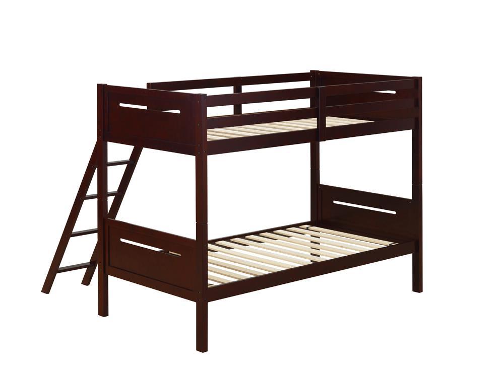 Littleton Twin Over Twin Bunk Bed Espresso - top bunk and mattress area