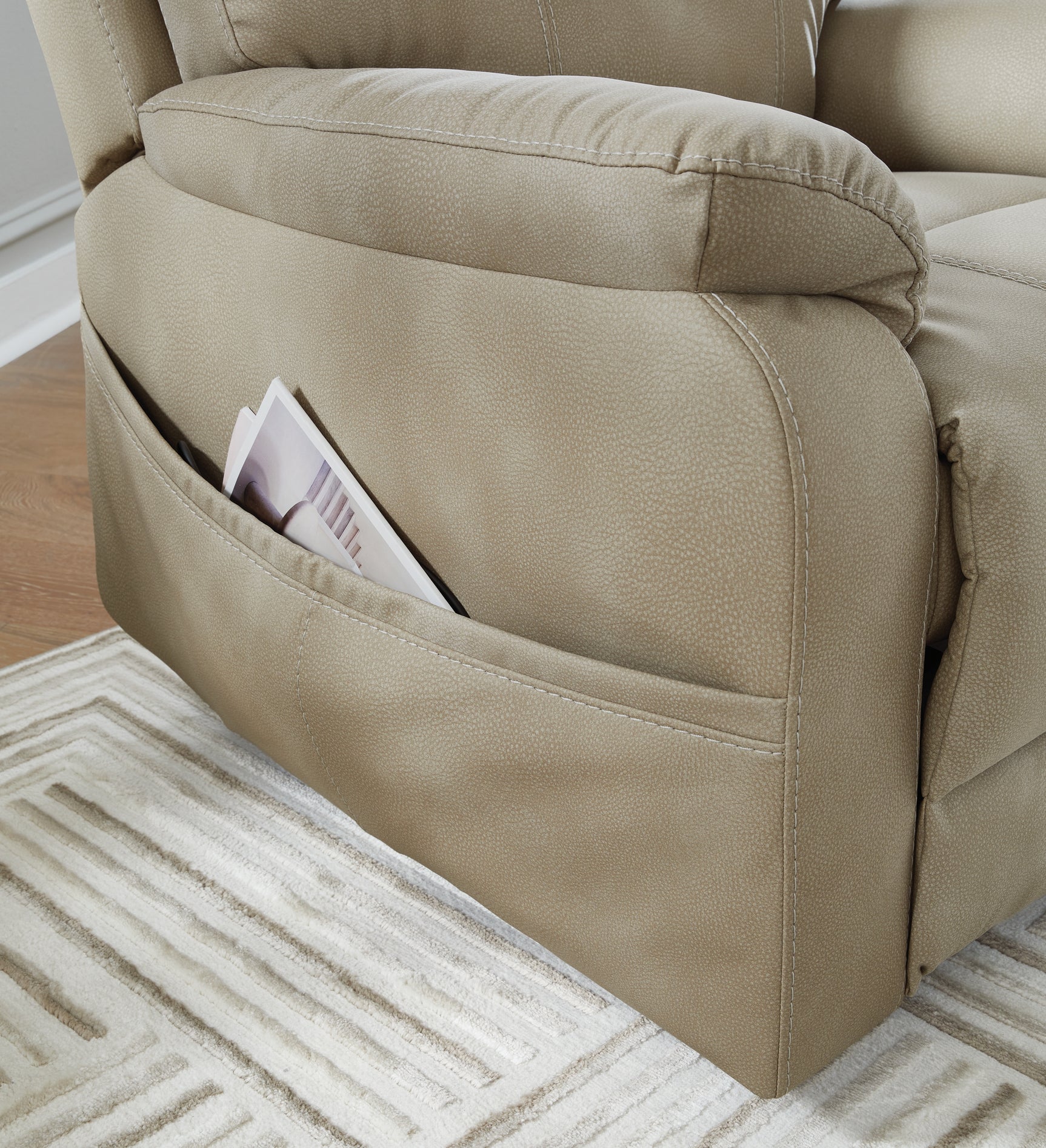 Next-Gen Durapella Sand Microfiber Power Lift Recliner side pocket detail