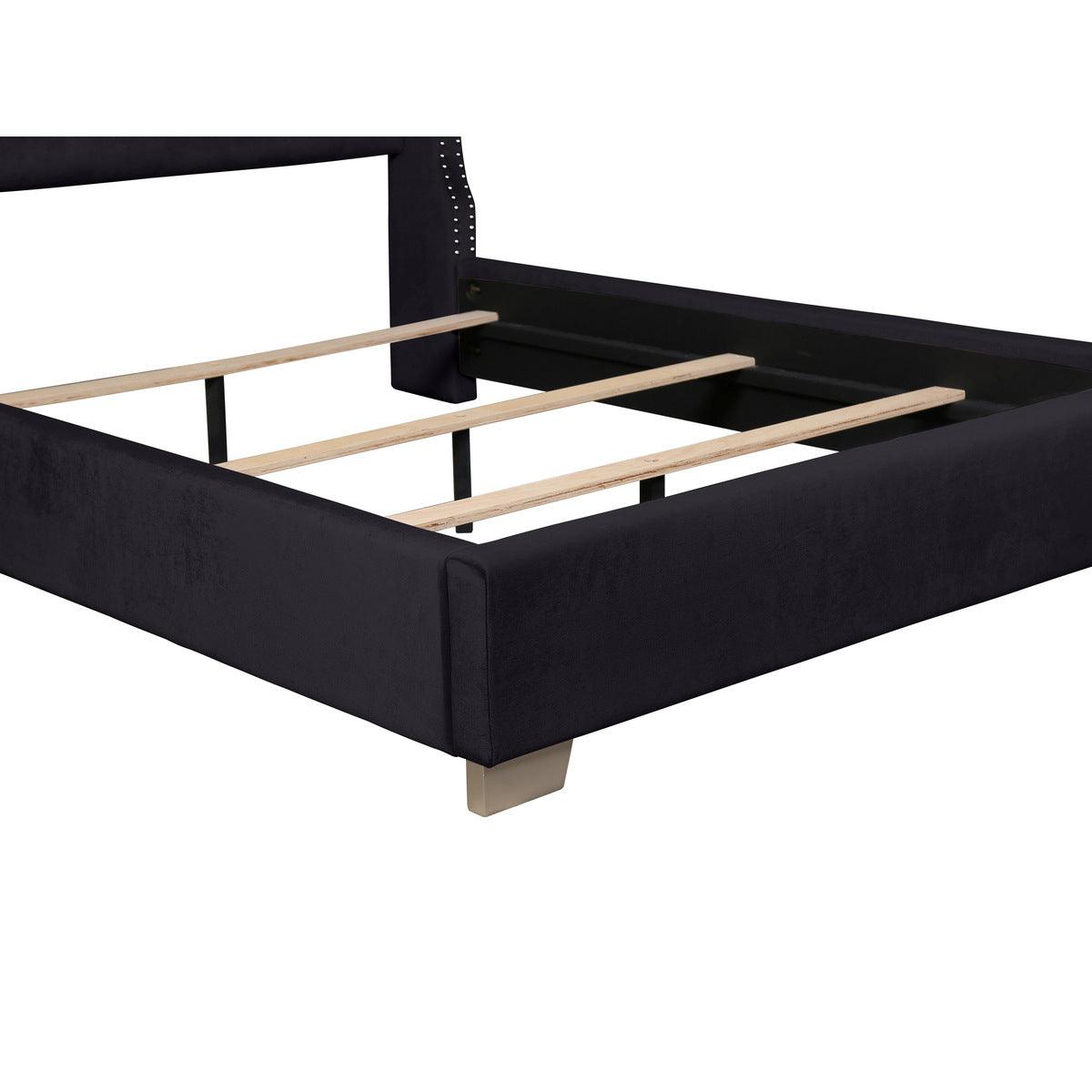 Low-profile frame of Jacklyn Queen Bed with storage access
