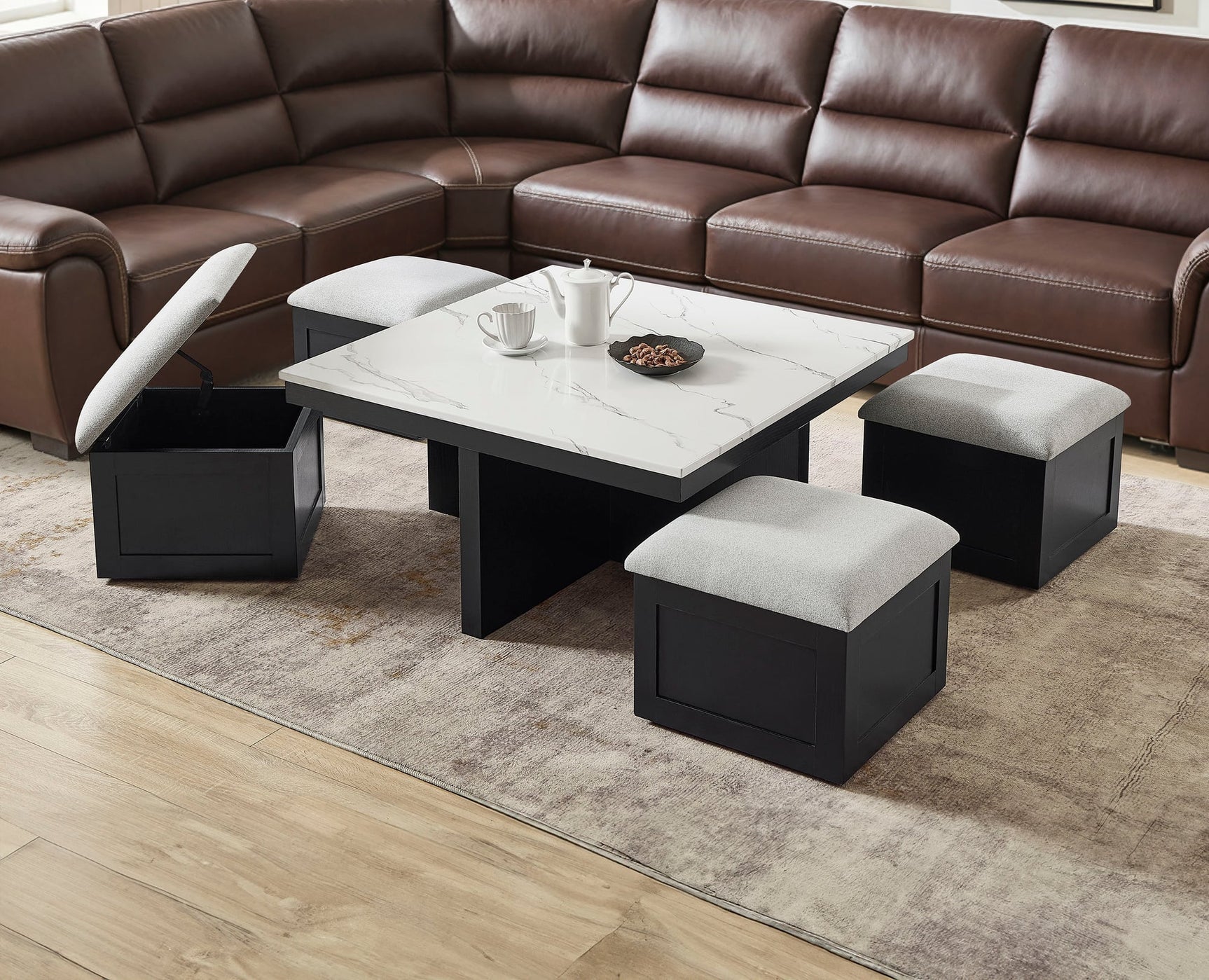 Marta Coffee Table with 4 Storage Ottomans from Decor Furniture