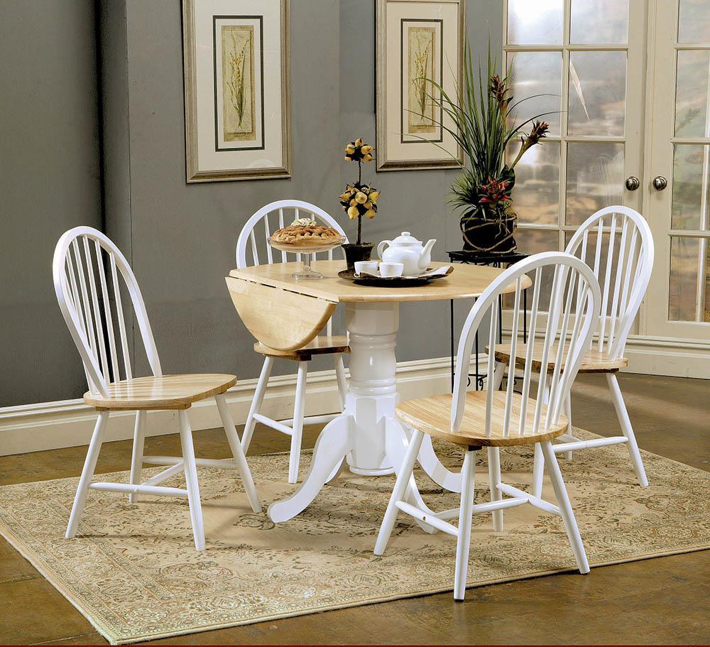 Allison Drop Leaf Round Dining Table natural brown and white, side angle highlighting curved legs
