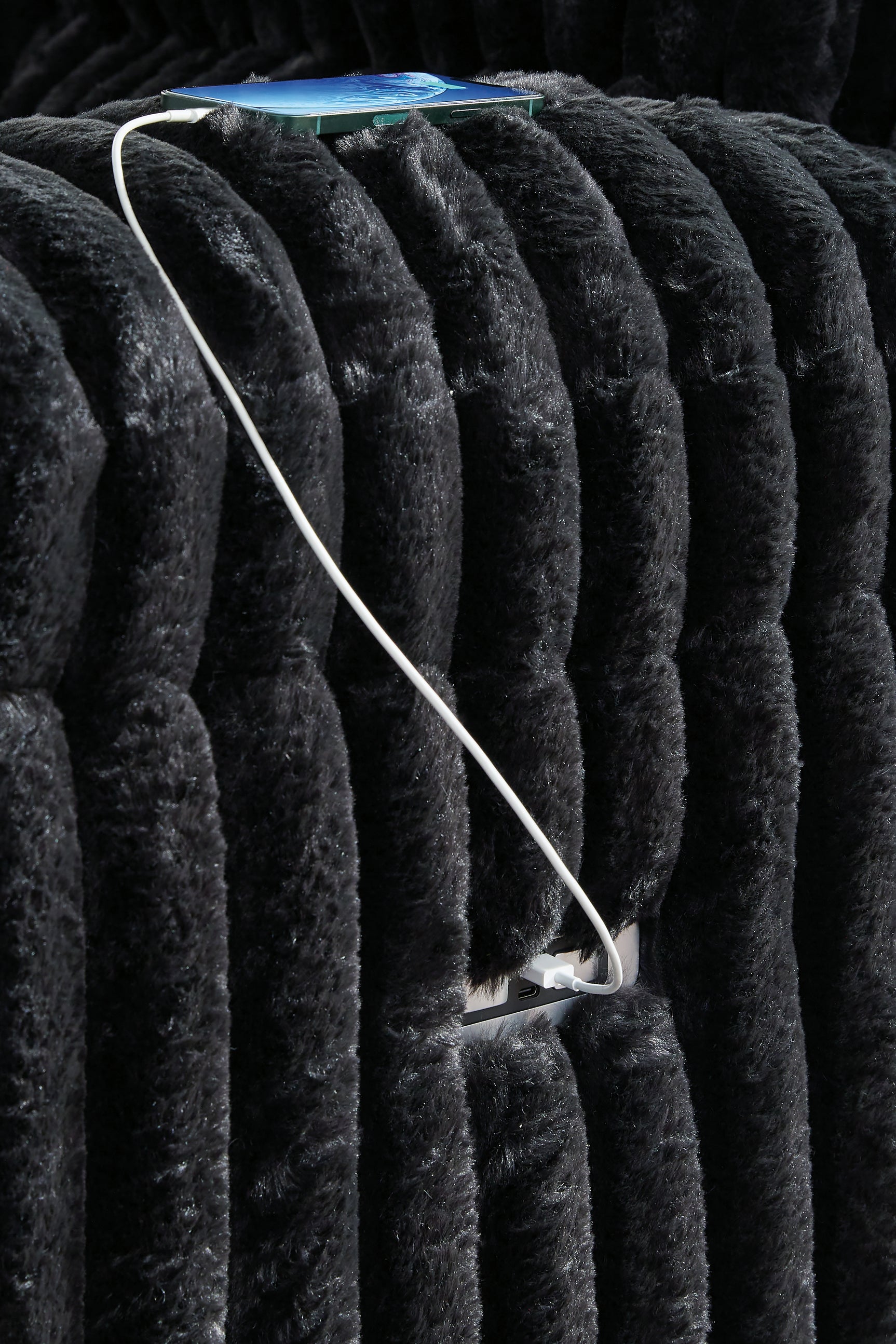 USB charging port detail on Rhine Onyx Falls reclining sofa