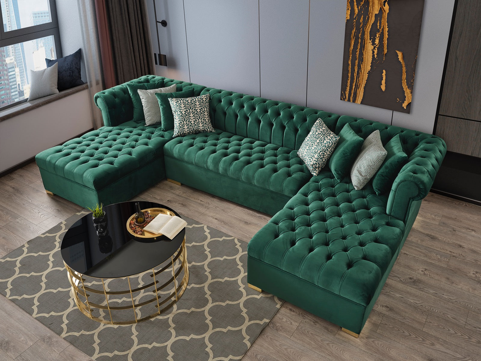 Side view of Emma Green Velvet Double Chaise Sectional sofa