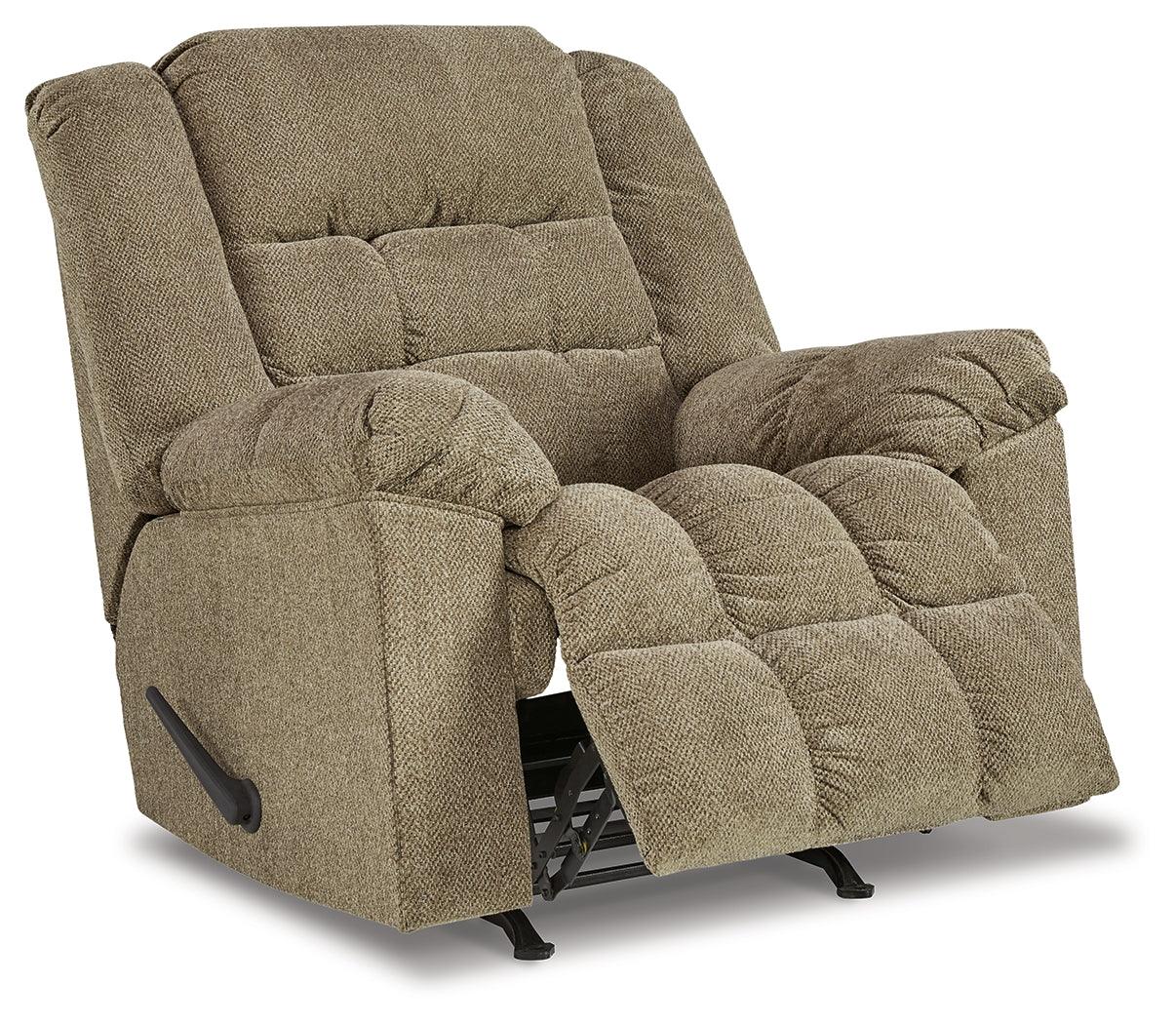Reclined position view of Kegler Briar Chenille Recliner