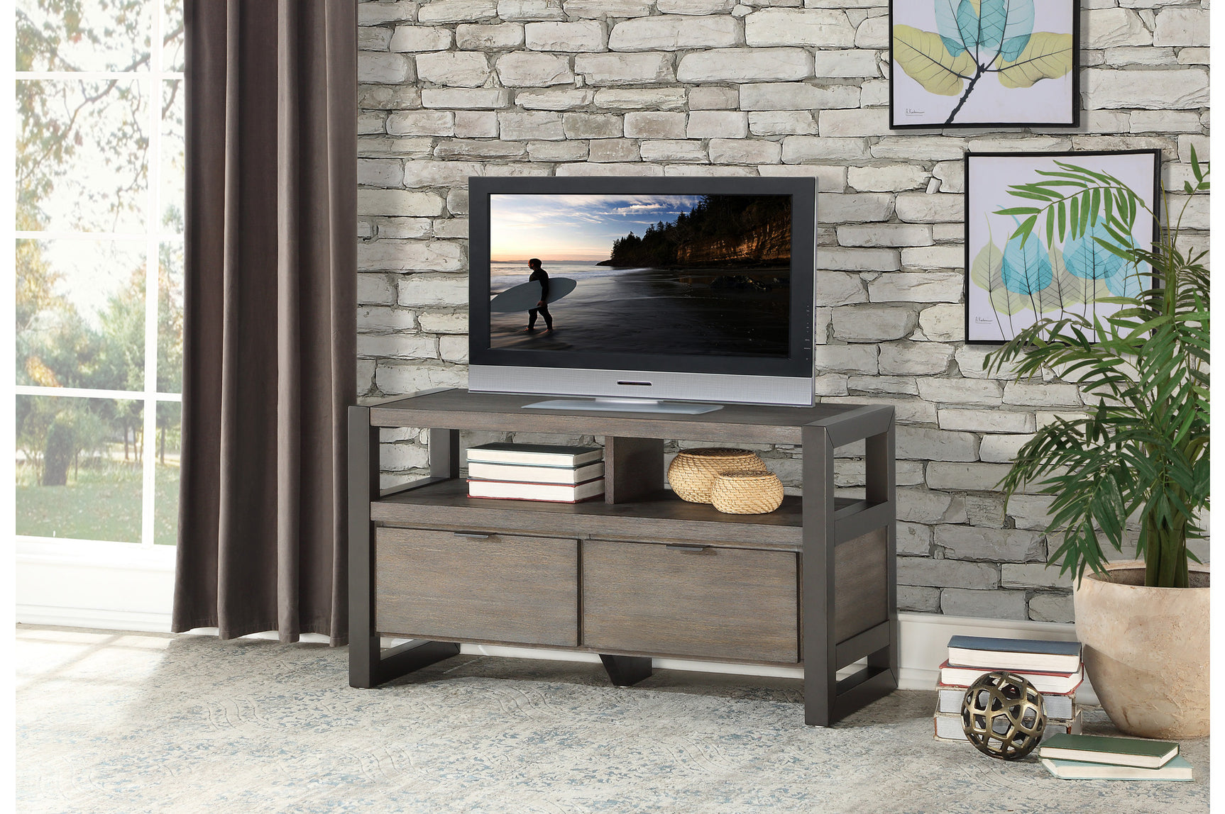 Prudhoe Gray Media Console TV Stand 76-inch width angled view