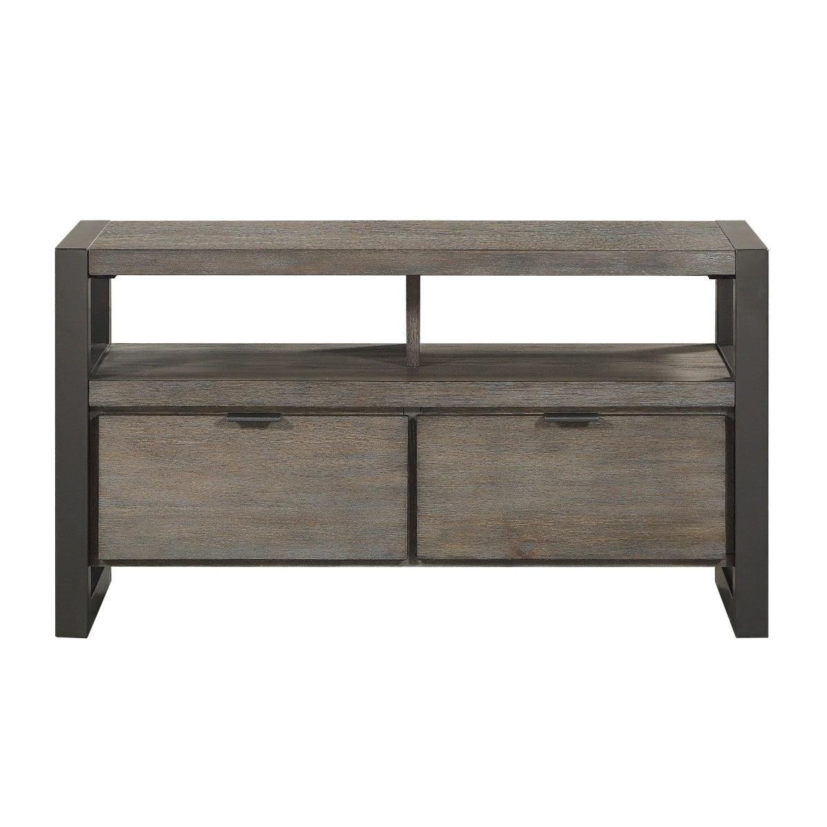 Prudhoe TV stand front view in power glaze oak and gunmetal finish